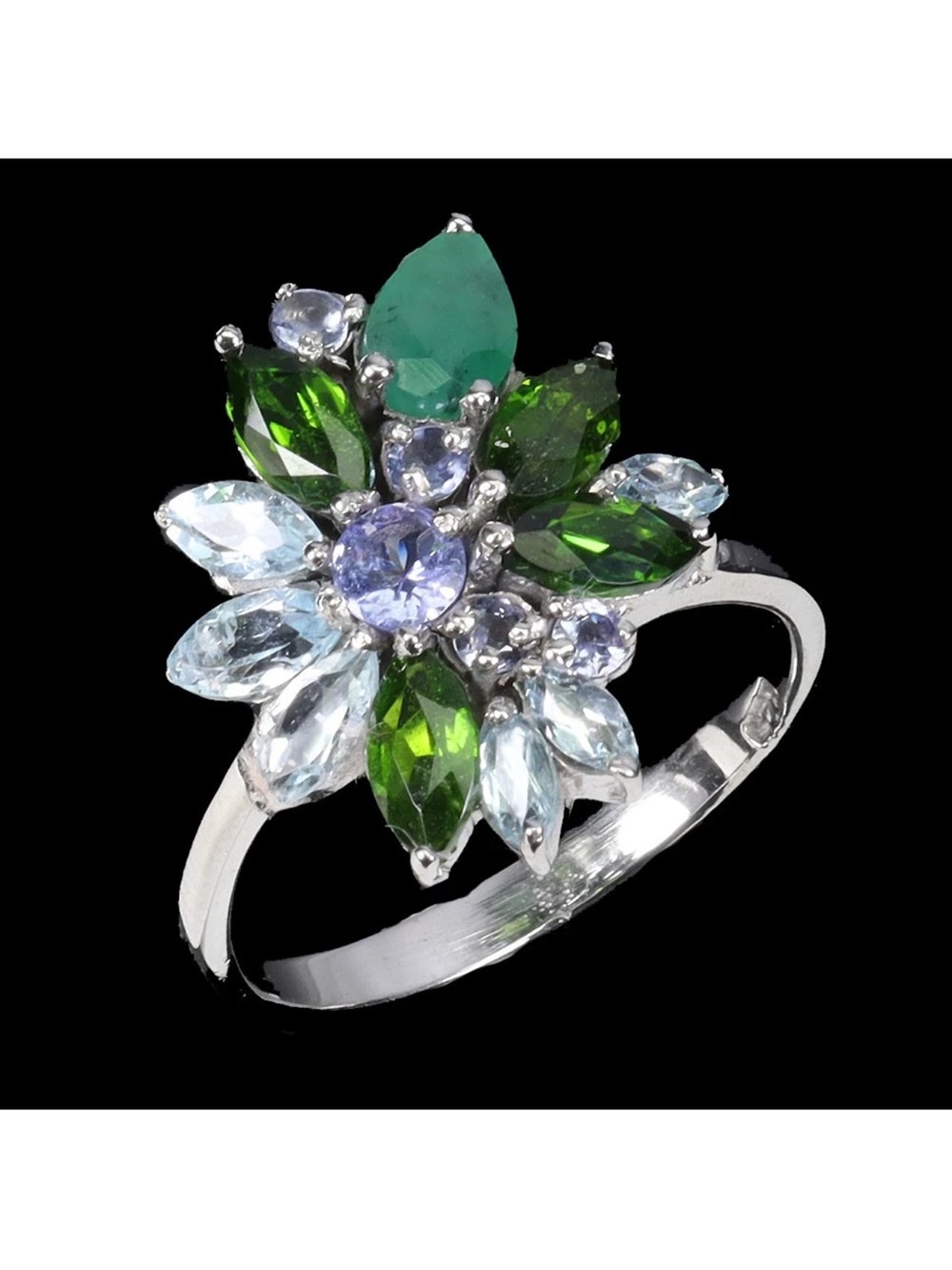 Beautiful!! Genuine Emerald, Chrome Diopside, Tanzanite & Topaz Ring Size 7
